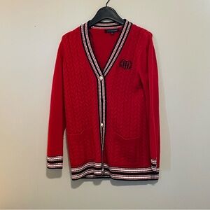 Tommy Hilfiger Red Women's Sweater with Striped Trim. Item # 11217 tear mended